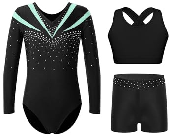 iiniim 3tlg.Mädchen Turnanzug Glitzer Gymnastikanzug Langarm Ballettanzug Gymnastik Leotard + Sport BH Tops + Shorts Turntrikot Wettbewerb Tanzkostüm B Hellgrün 158-164