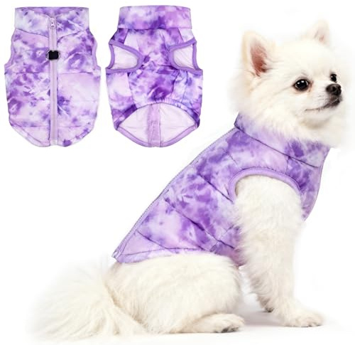 Idepet Pet Dog Cat Coat with Leash Anchor Color Patchwork Padded Puppy Vest Jacket Teddy Chihuahua Costumes Pug Cloth XS S M L(Small,Purple Tie-dye)