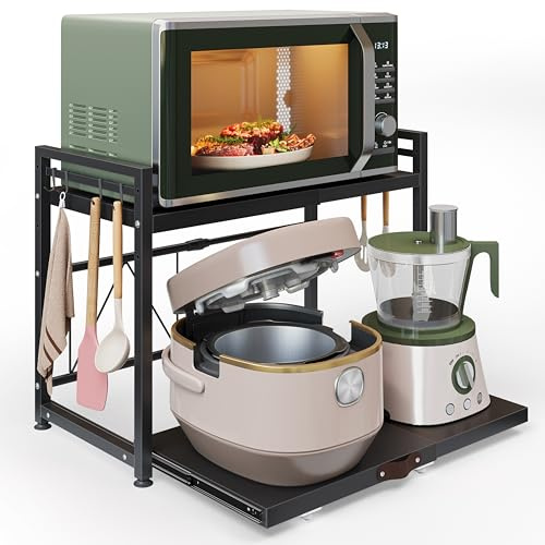 NETEL allungabile mensola microonde a 2 Livelli,ripiano per microonde,scaffale cucina salvaspazio,Organizzatore di Stoccaggio per Cucina con 8 Ganci, Nero