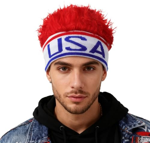 OhMill Creative USA Beanie Mütze Cap mit Perücke Neuheit Winter Knit Cosplay Party Perücke Hut Kappe für Damen Herren, rot, Einheitsgröße