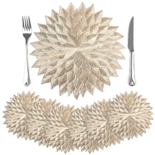 comfoyar Set di 6 Tovagliette Americane Oro Rotondo a Foglia, Antiscivolo in Vinile Tovagliette Americane Lavabili e Impermeabili per Cucina Decorazione, Tavola di Feste e Pranzi 38cm