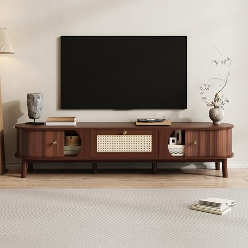 EMKK Oval TV Cabinet, 170 L x 39.5 W x 38 H TV Stand Unit, TV Table with Storage, 2 Solid Natural Wood Doors and Rattan Drawers, Country Style, Solid Wood + Particle Board, for Living Room (Walnut)