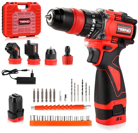 TEENO Avvitatore a batteria 18 V senza spazzole professionale, kit trapano wireless, 20+3 velocità, 45 Nm, 2 velocità, con 4 testine multifunzione