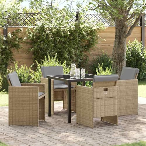 SooIarix Garten Essgruppe 5-teilig Beige Poly-Rattan mit Glastisch 80x80 cm, 4 Stühle 50x50x79 cm, wetterfestes Gartenmöbel Set für Terrasse und Balkon