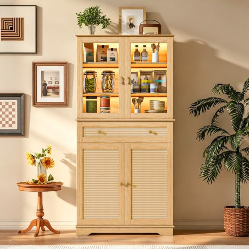 Wumagin Mueble Cocina Iluminación LED RGB 7 Colores Dinámicos Control Remoto, Aparador Alto Estantes Ajustables Tiradores Metal Ratán, Vitrina 6 Niveles, Salón Comedor, 40x80x180cm, Roble Natural