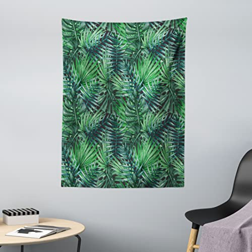 ABAKUHAUS Blatt Wandteppich, Aquarellierte alte Design Druck von Palm Tropic Exotic Forest Leaves, aus Weiches Mikrofaser Stoff Wand Dekoration Für Schlafzimmer, 110 x 150 cm, Waldgrün Dunkelgrün