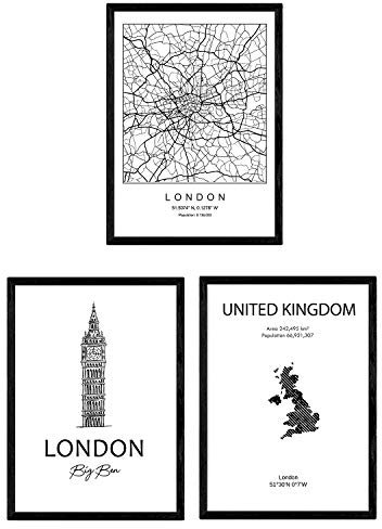 Pack von Plakaten und Denkmäler Ländern. London Großbritannien Stadtplan und Denkmäler A. Größe A4