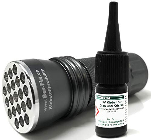 Ber-Fix Colla UV con set di lampade per vetro e vetro metallico, 3 g, bassa viscosità + 21 torcia LED UV 395 nm