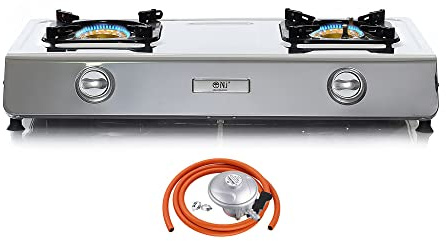 NJ NGB-200 Portable Gas Stove 2 Burner Portable Camping Hob 70cm Stainless Steel Wok 7.2kW (Butane 21mm Clip-on)