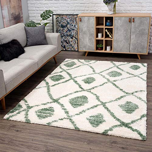 carpet city Teppich Shaggy Hochflor - Ethno-Stil 80x150 cm Grün Creme - Moderne Wohnzimmer-Teppiche