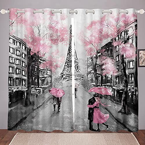 Homewish Eiffelturm Gardinen 260x140cm,Rosa Blumenschirm Fensterbehandlungen Curtain für Kinder Mädchen Frauen,Romantische Paris Fenstervorhänge,Retro City Building Window Gardinen 2 Panel Set Grau