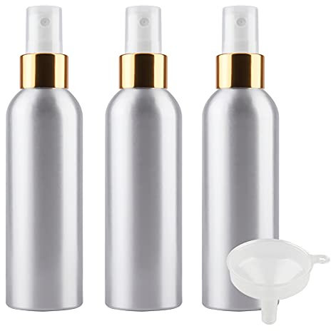 TIANZD 3 Pièces Portable Vide Flacon Aluminium 150 ml avec Bouchon Pompe Spray Blanc/Or Vaporisateur Bouteille pour l'eau Parfum Cosmétique Cheveux Voyage Rechargeable, 1 Pièce Entonnoir