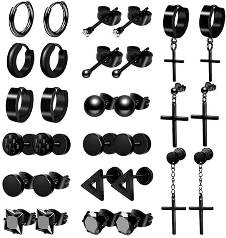 Gothic Ohrringe MäNner Kreuz Ohrringe,Punk Ohrringe Kreuz Ohrringe Edelstahl MäNner Und Frauen Mode Ohrringe Runde Coole Ohrringe Jungen Kreuz Ohrringe Ohrclips MäNner,15 Ohrstecker-Set