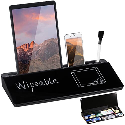 DEWUR Glas Blackboard schwarz Glastafel Whiteboard Desktop Memoboard als Dock Handy Ständer, Tablet Ständer Tastatur Ständer Schreibtisch Organizer mit Zubehör für Büro, Zuhause