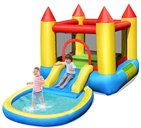 OLAKIDS Toboggan gonflable 4 en 1 pour enfants avec toboggan, grande zone de rebondissement en maille polyester, parcours d'obstacles intérieur et extérieur, château de saut avec sac de transport et