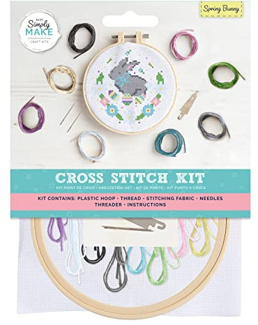 Simply Make Cross Stitch Kit - Spring Bunny Design for Kids and Adults, Including Hoop, Embroidery Thread, Fabric and Needle - Perfect for Adult Crafts and Beginners - Starter Cross Stitch Craft Kit