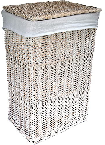 Arthur Cameron - Rectangular Wicker Laundry Basket with Lid & Removable Washable Cotton Lining - Laundry Hamper, Laundry Bin, Washing Basket with Lid (Large, White Wash)