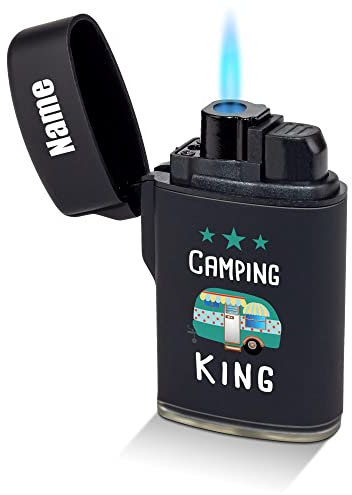 PR Print Royal Feuerzeug selbst gestalten - mit Name Bedrucken - Camping King - Geschenk für Camper, Camping - Sturmfeuerzeug, Flüssiggas nachfüllbar, Schwarz gummiert I Personalisiert