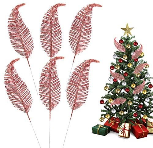 MOTONG 6PCS Rose Gold Christmas Tree Decorations - 10.6 Inch Glitter Feathers, Artificial Glittery Christmas Tree Feather Ornament Baubles for Wedding & Home Xmas Decorations