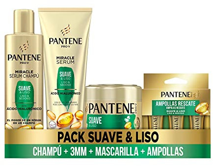 Pantene PACK ESPECIAL Suave Y Liso: Champú Miracle Serum 225ml + Mascarilla De Keratina Para Pelo Encrespado 300ml + 3MM Acondicionador Y Tratamiento 200ml + Ampollas Tratamiento Intensivo 3x15ml