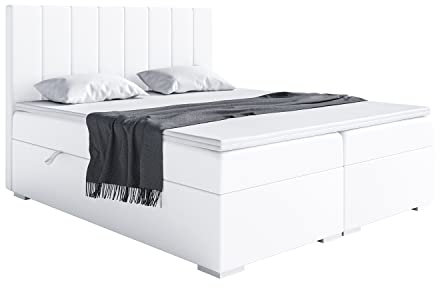 MEBLINI Boxspringbett mit Bettkasten - Gepolstert Doppelbett mit Matratze und Topper - Polsterbett mit Stauraum - Bett mit Kopfteil - Stauraumbett - Puro - 180x200 - H3/Weiß Kunstleder