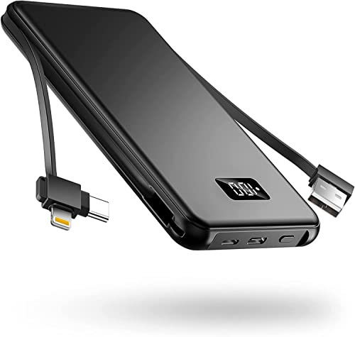 TNTOR 10000mAh Portable Charger, USB-C Power Bank with 18W PD and Quick Charge 3.0, Aluminum shell with Ultra Slim Design for iPhone iPad Samsung Galaxy (10000PD Built-In Cable)