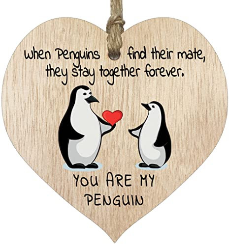 You Are My Penguin Anniversary Hanging Wooden Heart Sign Plaque - Cute Valentines Birthday for Girlfriend Wife Light Wood Hearts Sign, Sweet Romantic I Love You Gifts for Her Him