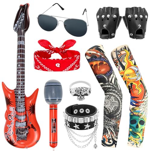 Dreamtop 10 Stück Punk Rockstar Kostüm Gothic Rocker Kostüm Set Rock Star Heavy Metal Zubehör mit Handschuhen Sonnenbrille Bandana Tattoo Ärmel Armband Ring Aufblasbares Gitarre Mikrofon