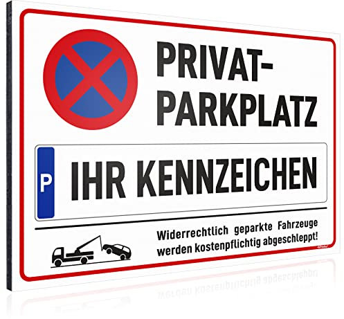 PRINTINO® Privatparkplatz Schild mit Wunschtext, Parkplatzschild aus Alu mit Namen oder Kennzeichen selbst gestalten - Alu-Verbund 30x20 cm 4mm stark, widerrechtliches Parken verboten Hinweis