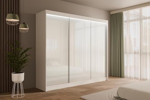 ALTDECOR Kleiderschrank mit Lacobel-Schiebetüren, kugelgelagerte Führungsschienen und Aluminium- Leisten, LED-Beleuchtung (weiß + 16 Farben) und Fernbedienung - PEKA - 250 cm Weiß/Weiß