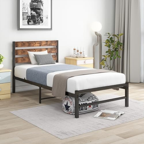 DUMEE Single Bed Frame with Wood Headboard, Metal Platform Bed Frames Single Size Under Bed Storage, Enhanced Support Noise Free (Black+Brown Oak)