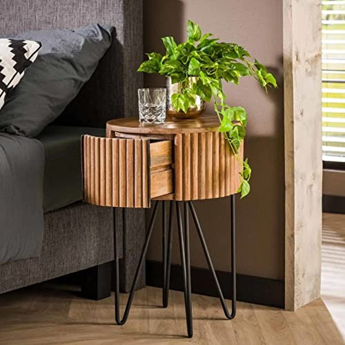 RINGO-Living Massivholz Runder Nachttisch Boni Mit Schublade, Industrial Style Stauraum, Wohnzimmertisch 60 cm Hoch, Versteckte Schublade
