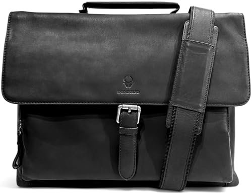 DONBOLSO Ledertasche für Herren - 9 Fächer, Magnetschnallen, verstellbarer Schulterriemen - Laptoptasche aus Leder - Premium-Materialkonstruktion - Umhängetasche für Herren - Schwarz - 38x8x30 cm