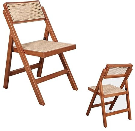Mgchowue Klappstuhl aus Holz, Esszimmerstuhl, mit 360° Drehbarer Rückenlehne, Rattan Geflochten Klappbarer Stuhl Freizeitstuhl für Draußen 150KG Belastbar