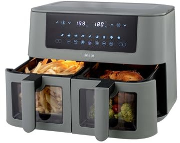 Linsar - Dual Zone Air Fryer - with Double Chamber - 8L Air Fryer 2 Baskets - with Viewing Window - Touch Screen - 9 Presets - Sync Ready Technology (Grey)