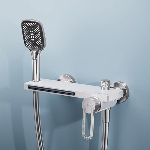 XJTNLB Wannenarmatur Wasserfall Bad Armaturen Badewanne Mischbatterie Wandmontage Badewannenarmatur mit 3 Modi Handbrause Chrom+Weiß