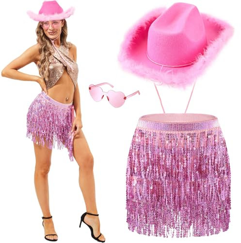 Hestya 3 Stück Cowgirl Kostüm Accessoires Rosa Cowboy Hut mit Federn Pailletten Quasten Rock und Herz Partybrille Glitzer Cowgirl Outfit für Karneval Western Party Bauchtanz