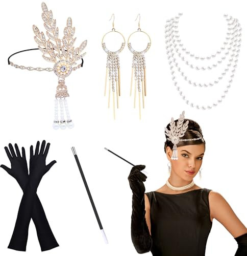HCSSZ 20er Jahre Kostüm Accessoires Damen,1920er Flapper Great Gatsby Accessoires Set mit Stirnband, Handschuhen, Halskette,Ohrringe für Karneval Halloween