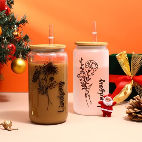 Drawelry Boire Tasses en Verre avec Couvercles et Bambou Paille, 500ml Tasse d'eau DIY Nom imprimé Fleurs de Naissance Café, Bière, Cocktail, Tasse pour Cadeaux d'anniversaire et de Noël (A1)