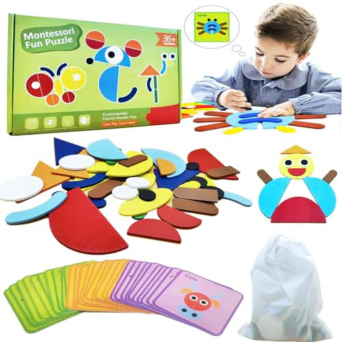 QYDKWK Tangram Kinder Geometrische Formen Holz Puzzles, Montessori Spielzeug ab 3 Jahre mit 30 Karten, Geeignet für 3 4 5 6 Jahre Jungen Mädchen Pädagogisches Spielzeug Einschulung Geschenk