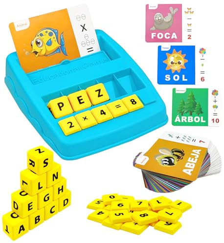 Spanisch Rechtschreibspiel, Montessori Spielzeug ab 3 4 5 Jahre Espanol Lernen Spiele Kinderspielzeug mit 64 Flash-Karten Lernspielzeug für das Sprachenlernen im Vorschulalter Geschenk Einschulung