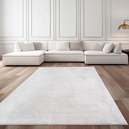 Taracarpet Fellteppich Kunstfell Teppich Waschbar, Hasenfell Imitat, Kaninchenfell, Kurzfell | Flauschiger Teppich Wohnzimmer, Bettvorleger Schlafzimmer, Teppich Fell weiß 200x290 cm