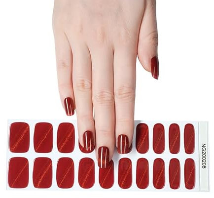 Red Semi Cured Gel Nails Strips 20 Stickers Christmas Nail Wraps Soft Self-Adhesive Gel Nail Stickers Salon-Quality Gel Nail Strips UV/LED Lamp Required (208-Cat Eye Red)