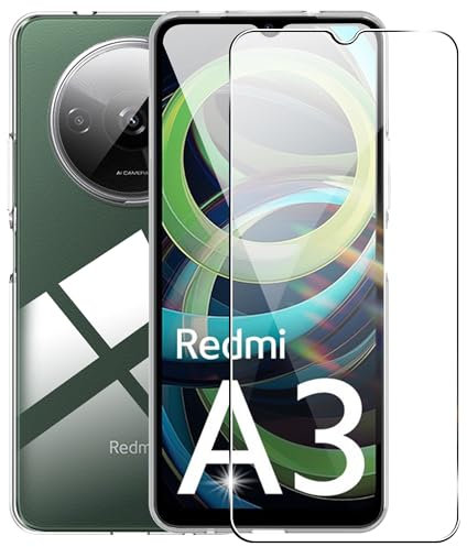 zZjoOoj Funda para Xiaomi Redmi A3 con 1 Piezas Vristal Templado, Carcasa Protectora Antigolpes Transparente, Suave TPU Silicona Caso Anti-Choques