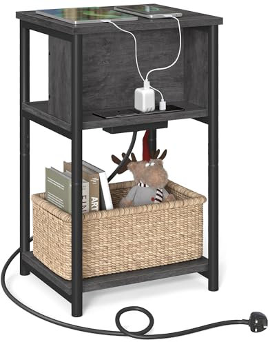 VASAGLE Slim Side Table with Charging Station, Narrow Bedside Table with 2 AC Outlets 2 USB Outlets, 30 x 34 x 58 cm, for Living Room, Bedroom, Charcoal Grey and Ink Black LET374B68