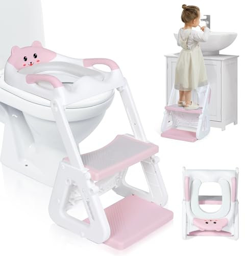 Orzbow Einstellbar Toilettensitz Kinder mit Treppe,Stabil Kinder Toilettensitz mit Dreiecksstruktur,Verlängerter Pedal- und Spritzschutz und Wasserdichtes PVC-Polster,Rutschfest und Faltbar,Rosa