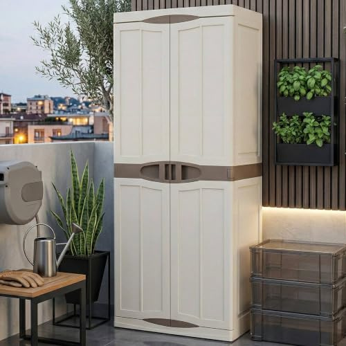 Dmora - Marchin Outdoor-Garderobe, Mehrzweck-Balkonschrank, 2-türiger Outdoor-Kleiderschrank, 100% Made in Italy, Beige und Braun, Elegantes Finish, 70 x 47 x 179 cm