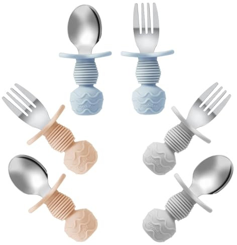 PandaEar 6 Stück Kinderbesteck| Silikongriff Edelstahl Kindergeschirr Set | Baby Besteck Esslernbesteck ab 1 jahr | Kinder Löffel und Gabel Set für Baby| BPA frei Lernbesteck (Blau/Grau/Pfirsich)