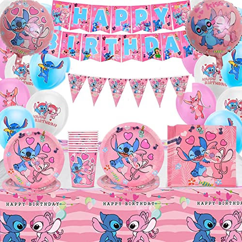 Stitc Stoviglie per Feste,Decorazioni Compleanno Stitc, Festa di Compleanno a Tema-Piatti,Happy Brithday Banner ,tazza di carta,Tovaglia (A)