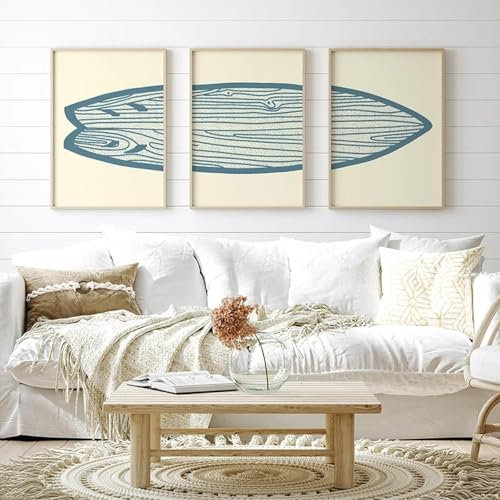 ADOHOME Retro-Boho-Poster mit Surfbrett, Triptychon, Strandkunst, Meer und Surf, Leinwand, Gemälde, Küste, Wandkunstdruck, Bilder, Heimdekoration, 70 x 100 x 3, rahmenlos